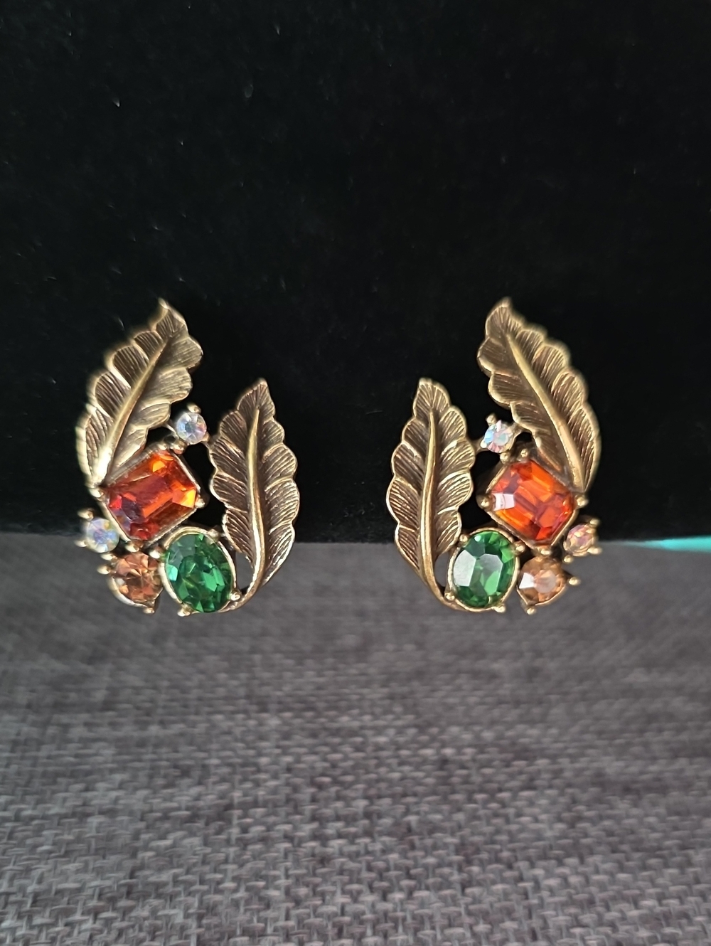 Coro Fruit Salad Orange & Green Clip Gold Tone Leaf Earrings